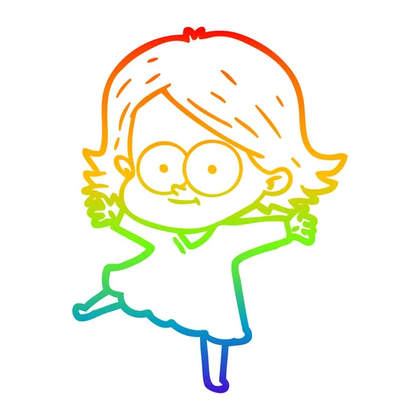 Linea gradiente arcobaleno disegno felice ragazza dei cartoni animati — Vettoriale Stock