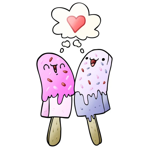 Caricatura hielo lolly en el amor y el pensamiento burbuja en gradiente suave — Vector de stock