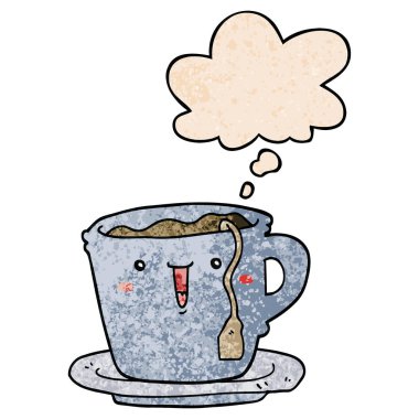 sevimli karikatür fincan ve tabak ve grunge doku düşünce balonu