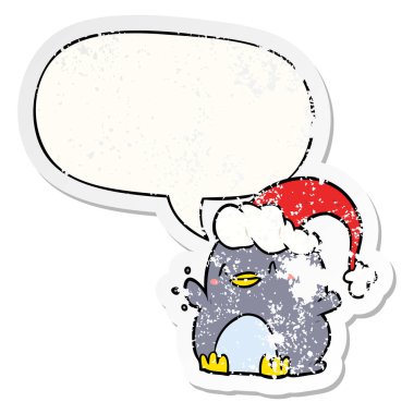 karikatür penguen noel şapka ve konuşma kabarcık sıkıntı giyiyor