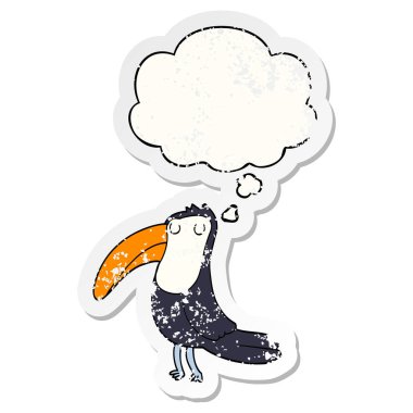 karikatür toucan ve sıkıntılı yıpranmış etiket olarak kabarcık düşünce