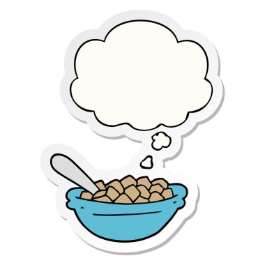 karikatür tahıl kase ve baskılı bir etiket olarak kabarcık düşünce