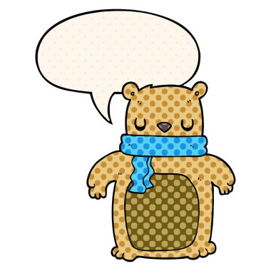 çizgi film ayısı ve eşarp ve çizgi roman tarzında konuşma balonu