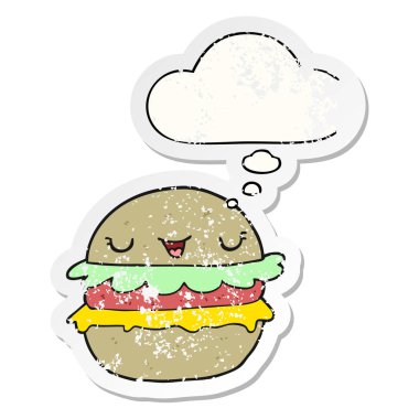 karikatür burger ve sıkıntılı yıpranmış etiket olarak kabarcık düşünce