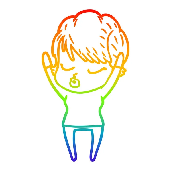 Rainbow Gradient Line Zeichnung Cartoon Frau mit geschlossenen Augen — Stockvektor