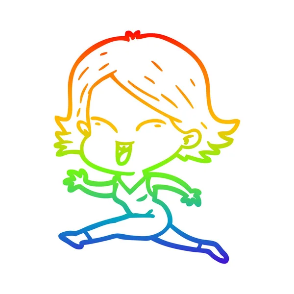 Rainbow gradient line drawing happy cartoon girl — Stock Vector