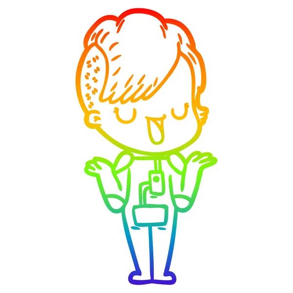 Linea gradiente arcobaleno disegno carino ragazza dei cartoni animati con hipster hai — Vettoriale Stock