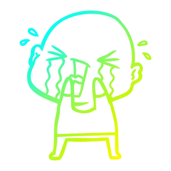 Cold gradient line drawing cartoon crying bald man — стоковый вектор