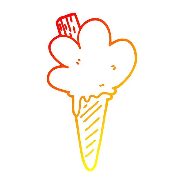 Línea de gradiente caliente dibujo de dibujos animados cono de helado — Vector de stock