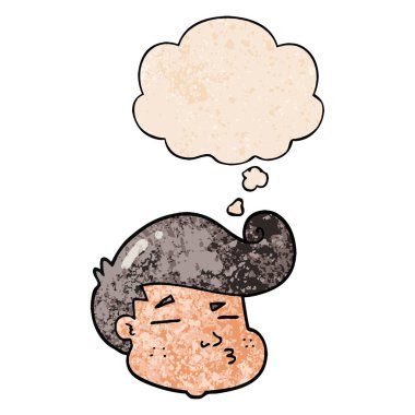 grunge doku desen karikatür çocuk yüzü ve düşünce balonu 