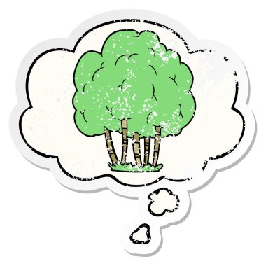 karikatür ağacı ve sıkıntılı yıpranmış etiket olarak kabarcık düşünce