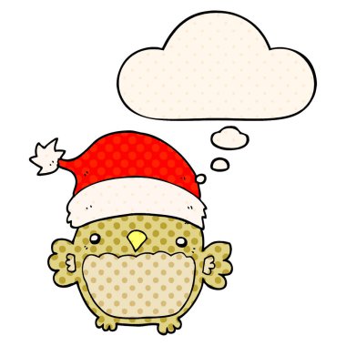 sevimli noel baykuş ve çizgi roman tarzında kabarcık düşünce