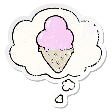 karikatür dondurma ve sıkıntılı yıpranmış sticke olarak kabarcık düşünce