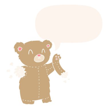 karikatür oyuncak ayı ve retro tarzında yırtık kol ve konuşma balonu