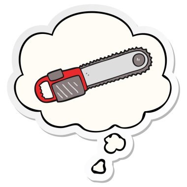 karikatür testere ve baskılı bir etiket olarak kabarcık düşünce