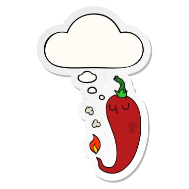 karikatür sıcak biber ve baskılı bir etiket olarak kabarcık düşünce