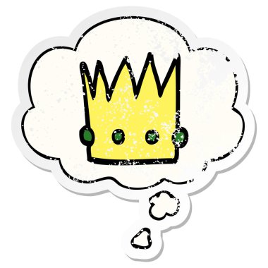 karikatür taç ve sıkıntılı yıpranmış etiket olarak kabarcık düşünce