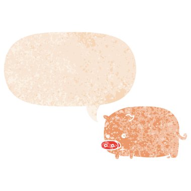 retro dokulu tarzında sevimli karikatür domuz ve konuşma balonu