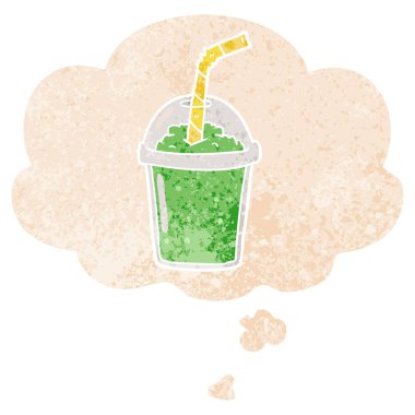 retro dokulu tarzında karikatür buzlu smoothie ve düşünce balonu