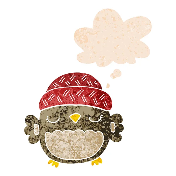 Симпатичная мультяшная сова в шляпе и мыльный пузырь в ретро-текстуре — стоковый вектор