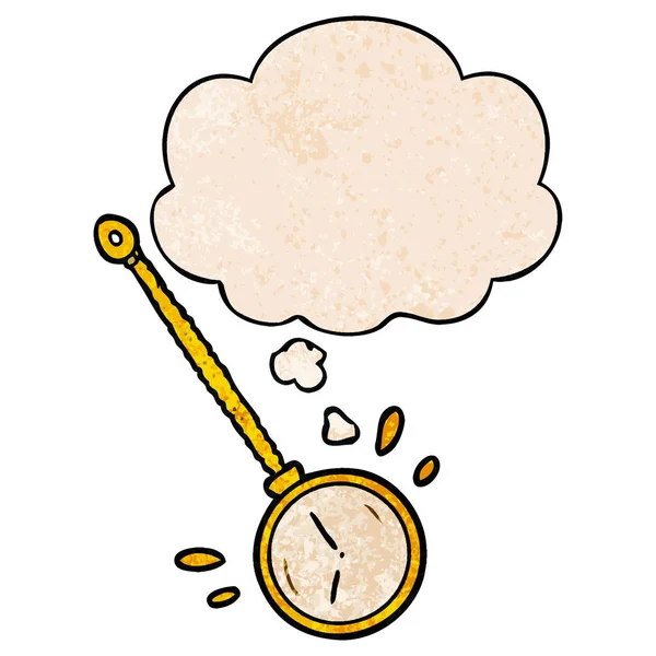 Мультяшний золотий годинник і мислення бульбашки в грандж текстурний візерунок — стоковий вектор