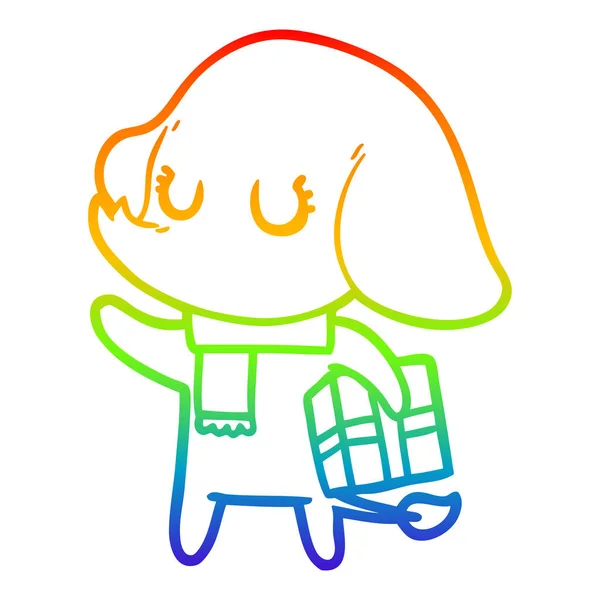 Linea gradiente arcobaleno disegno carino elefante cartone animato con regalo — Vettoriale Stock