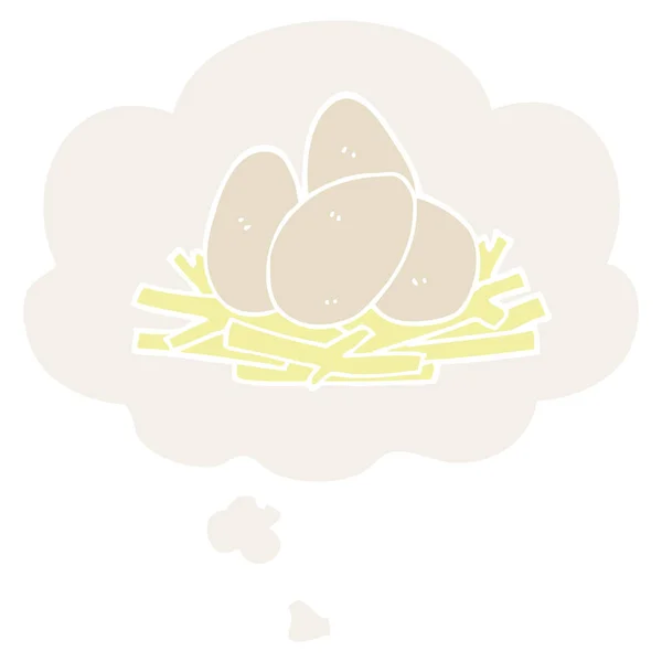 Huevos de dibujos animados en el nido y la burbuja de pensamiento en estilo retro — Vector de stock