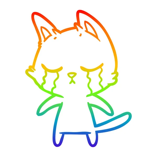 Regenbogen-Gradienten-Linie zeichnet weinende Karikatur-Katze — Stockvektor