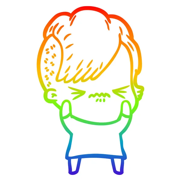 Regenboog gradiënt lijntekening cartoon geërgerd hipster meisje — Stockvector
