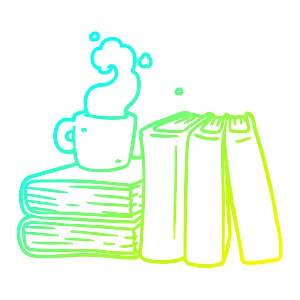 Kaltgradienten Linie Zeichnung Cartoon Kaffeetasse und Studienbücher — Stockvektor