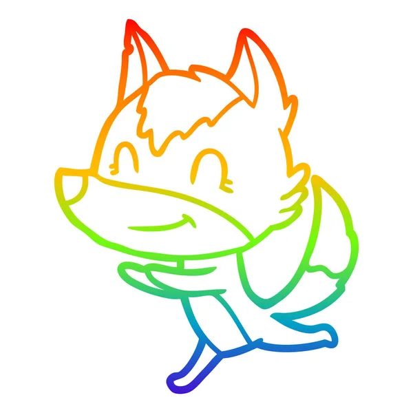Rainbow gradient ligne dessin sympathique dessin animé loup courir — Image vectorielle