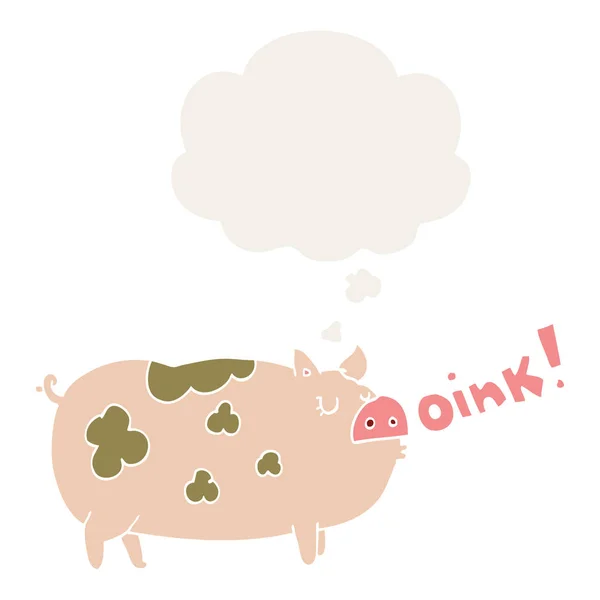 Cerdo de dibujos animados oinking y burbuja de pensamiento en estilo retro — Vector de stock