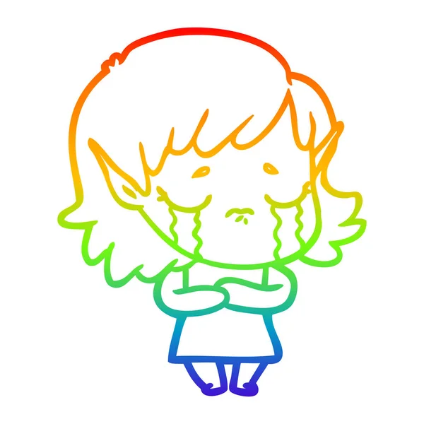 Rainbow gradient linje ritning tecknad Crying elf flicka — Stock vektor