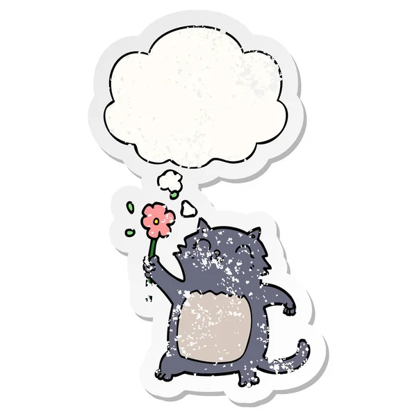 Cartoon cat with flower and thought bubble as a distressed worn — Stock Vector