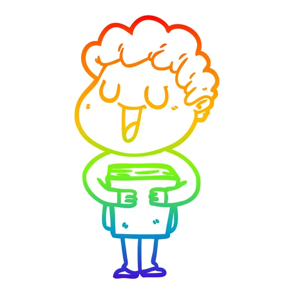 Regenbogen-Gradientenlinie zeichnet lachenden Cartoon-Mann mit Buch — Stockvektor