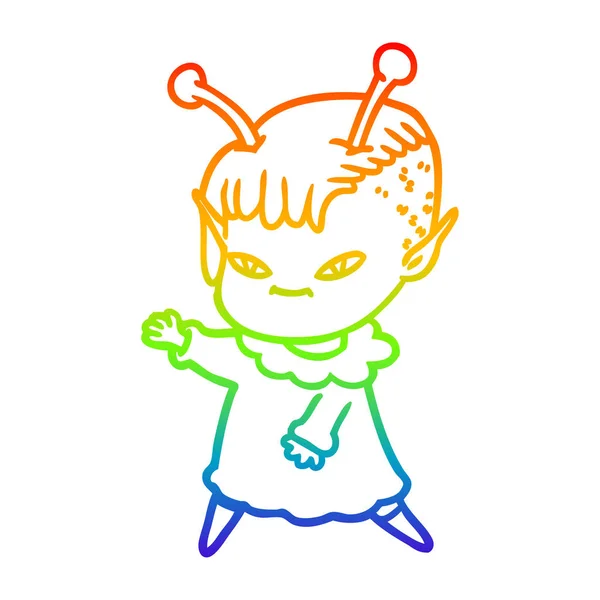 虹のグラデーションライン描くかわいい漫画エイリアンの女の子 — ストックベクタ