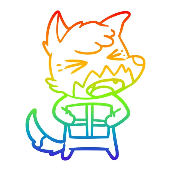 Rainbow gradient ligne dessin en colère dessin animé renard avec noël p — Image vectorielle