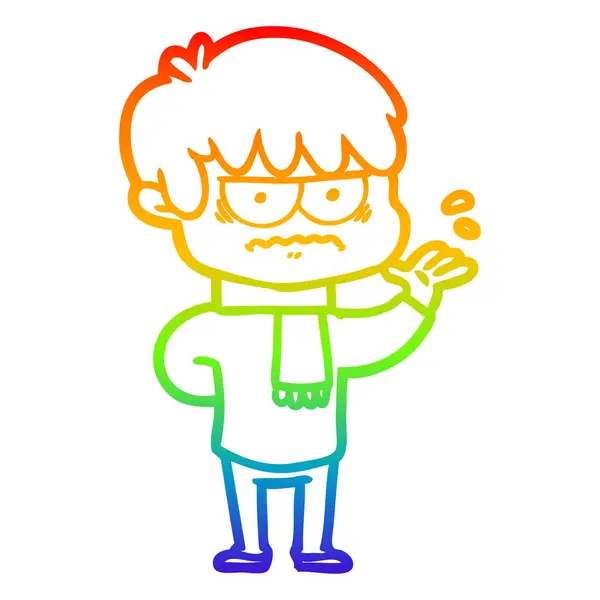 Linea gradiente arcobaleno disegno infastidito ragazzo dei cartoni animati — Vettoriale Stock