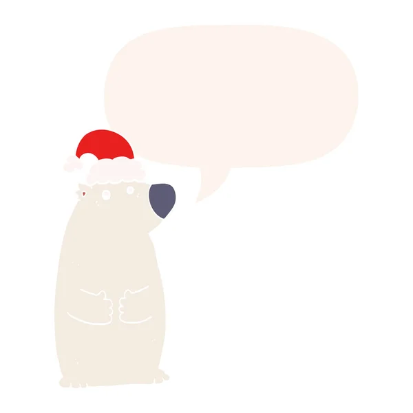 Cartoon bear wearing christmas hat and speech bubble in retro st — Stock Vector