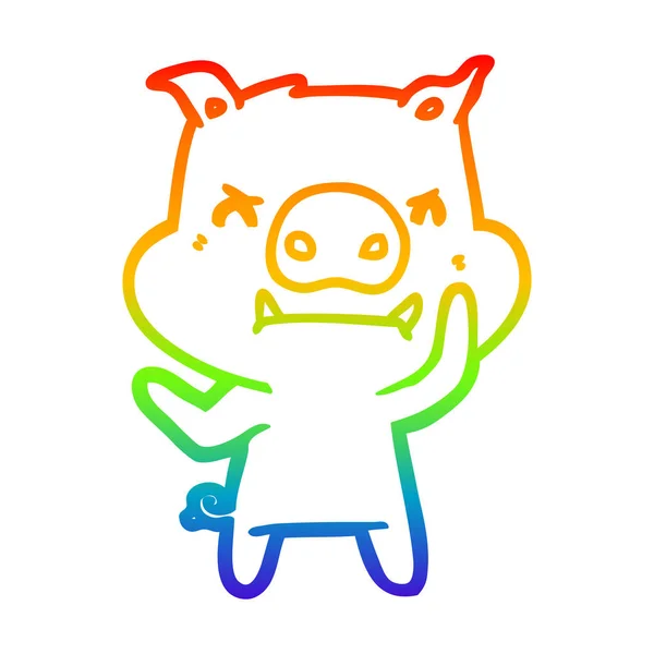 Rainbow gradient ligne dessin en colère dessin animé cochon — Image vectorielle