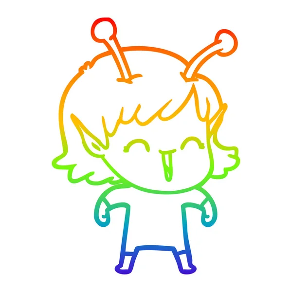 Rainbow gradient linje ritning tecknad Alien Girl Laughing — Stock vektor