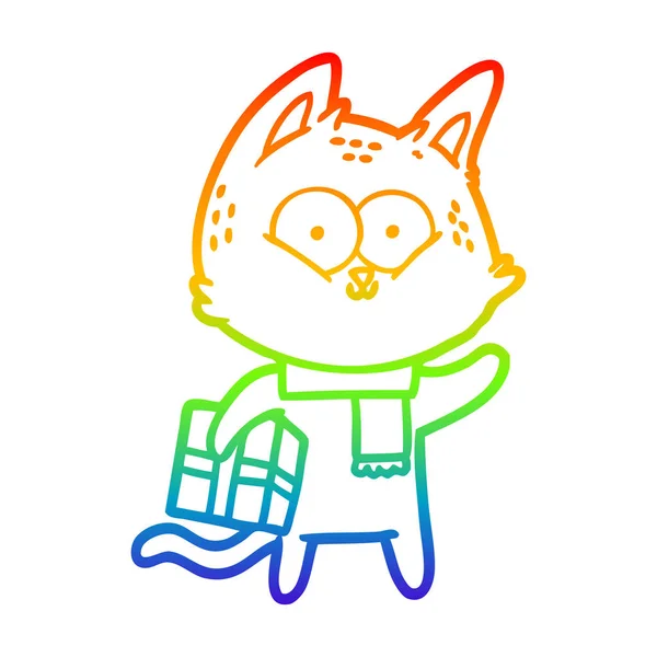 Rainbow gradient line drawing cartoon cat holding christmas pres — Stock Vector