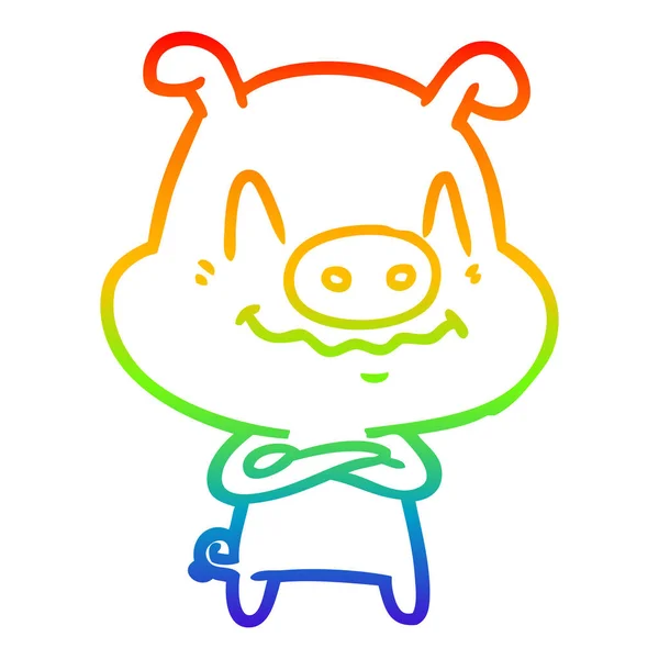 Rainbow gradient line drawing nervous cartoon pig — Stock Vector