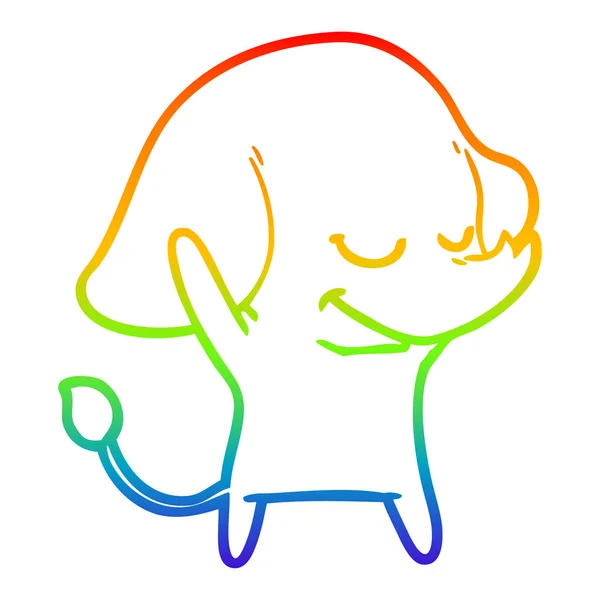 Rainbow gradient linje ritning tecknad leende elefant — Stock vektor