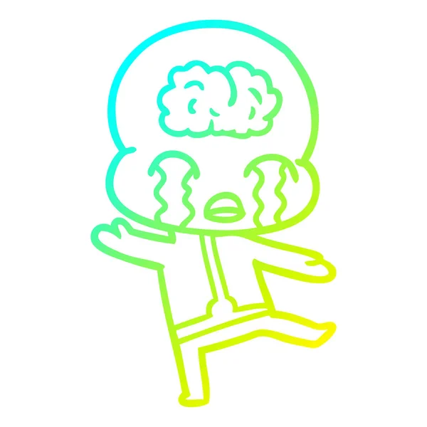 Kalte Gradientenlinie Zeichnung Cartoon großes Gehirn Alien weinen — Stockvektor
