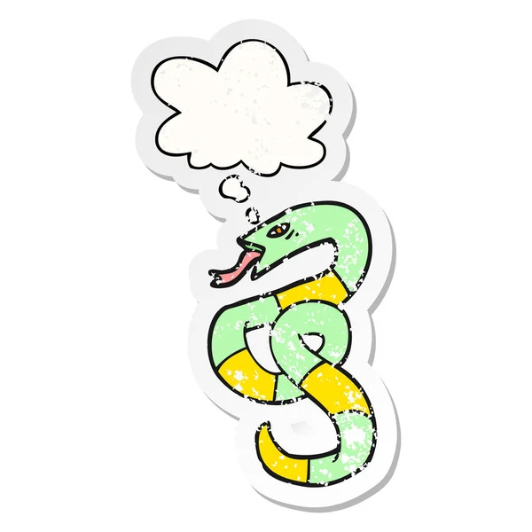 Cartoon snake and thought bubble as a distressed worn sticker — Stock Vector