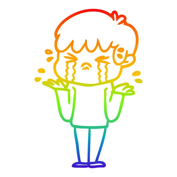 Rainbow Gradient Line Zeichnung Cartoon Junge weint und zuckt mit den Achseln — Stockvektor