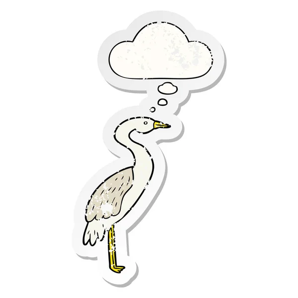 Cartoon stork and thought bubble as a distressed worn sticker — Stock Vector