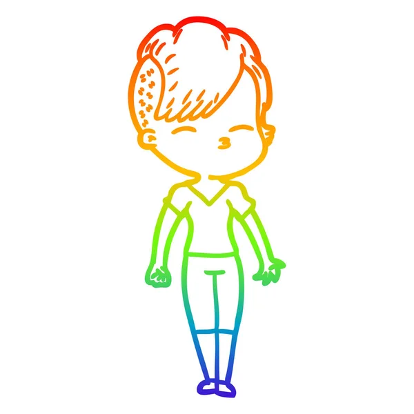 Rainbow gradient line drawing cartoon squinting girl — Stock Vector