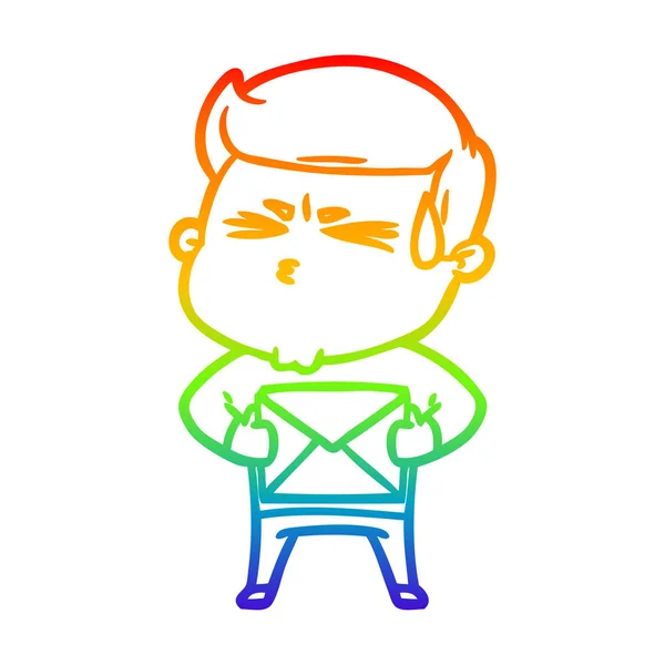 Rainbow gradient line drawing cartoon man sweating — Stock Vector